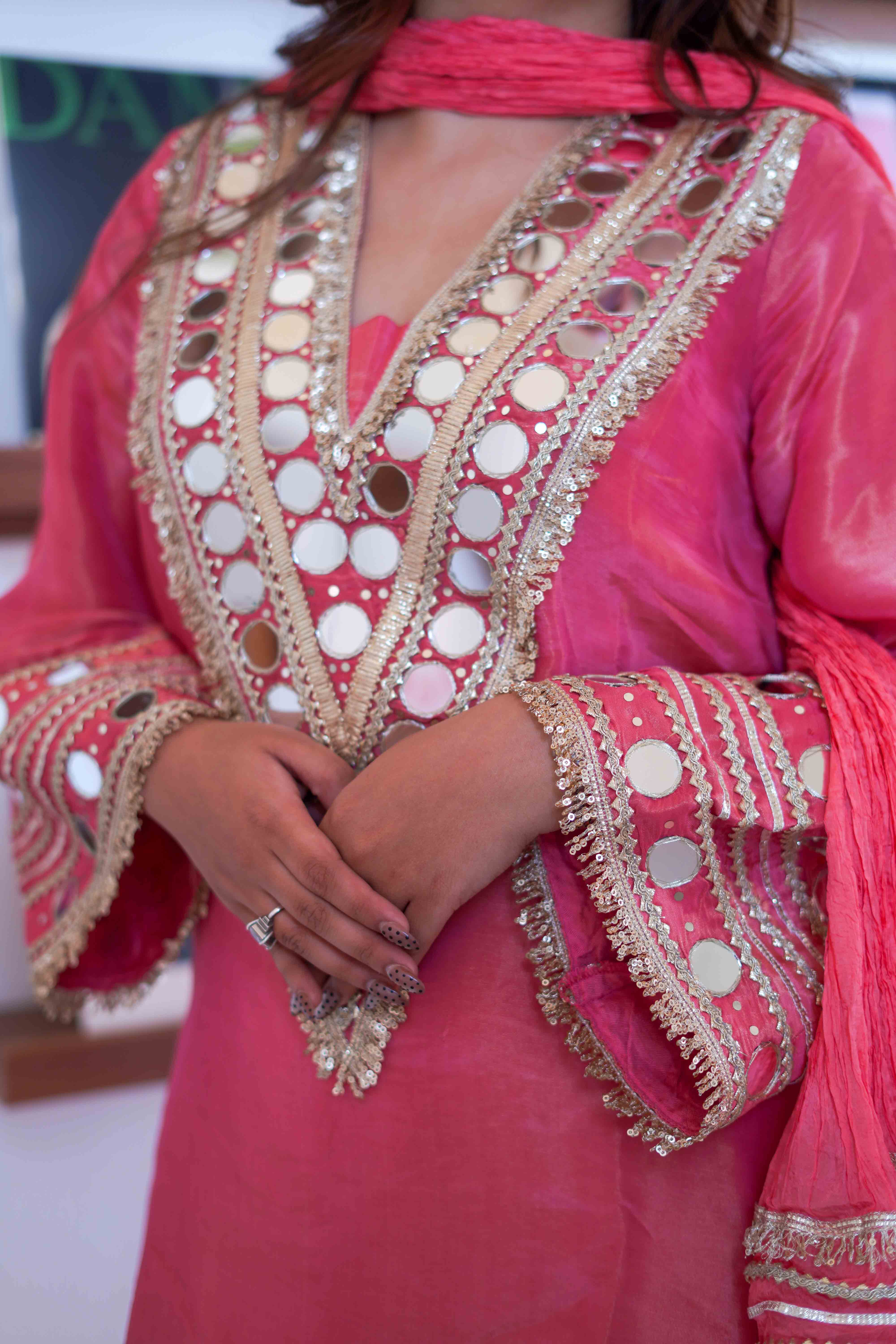 Meher Peach Mirrorwork Kareena Cut Suit Set