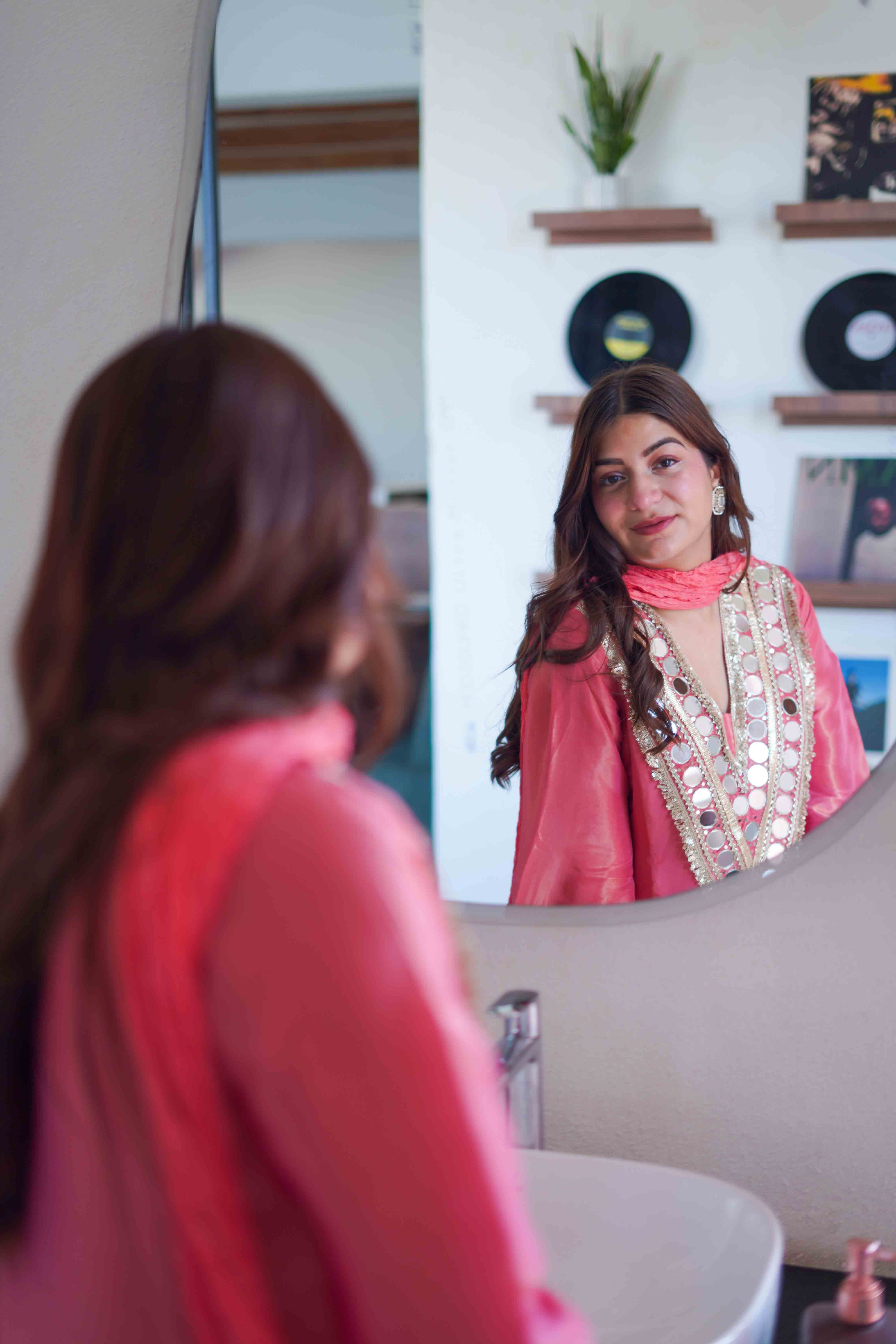 Meher Peach Mirrorwork Kareena Cut Suit Set