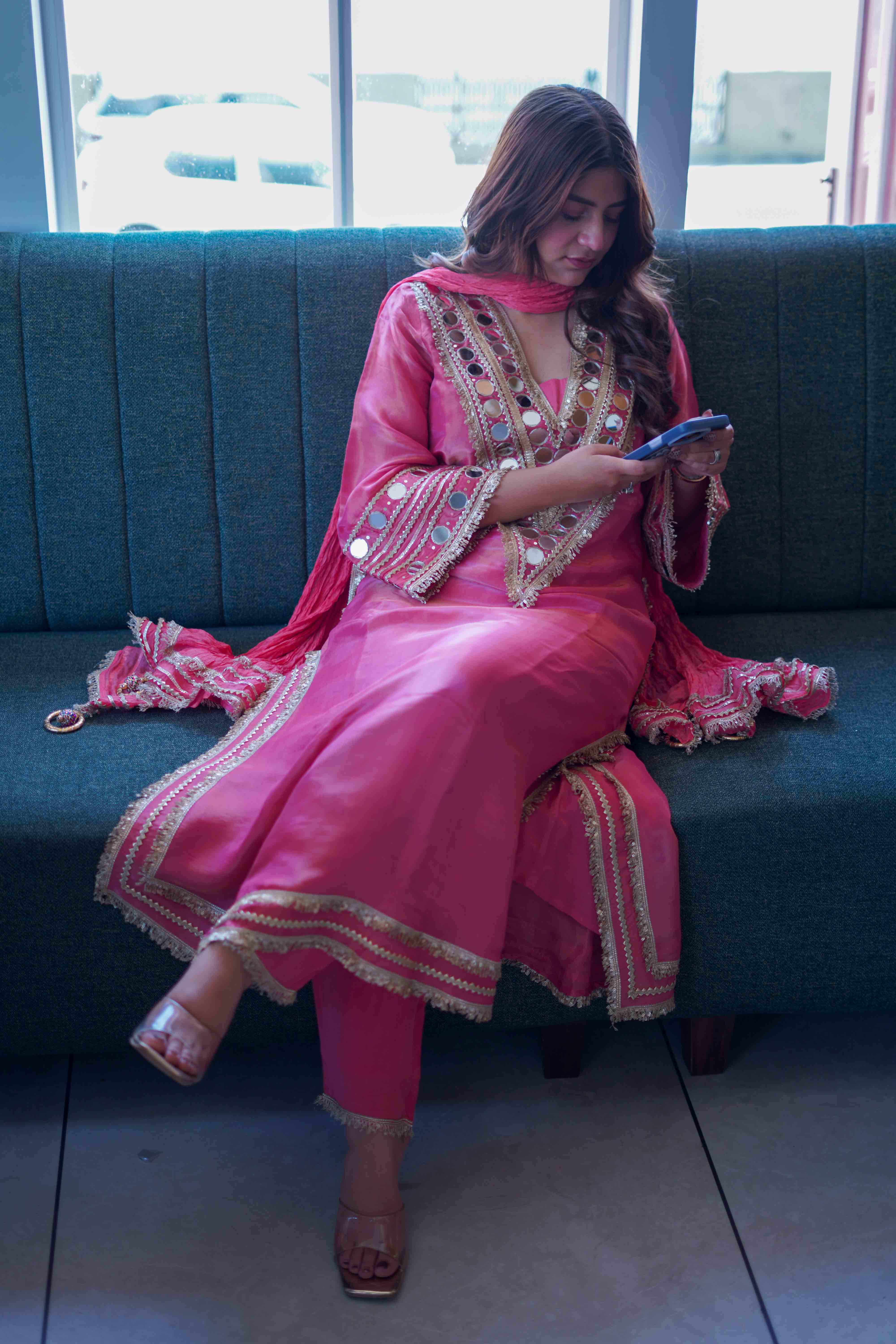 Meher Peach Mirrorwork Kareena Cut Suit Set