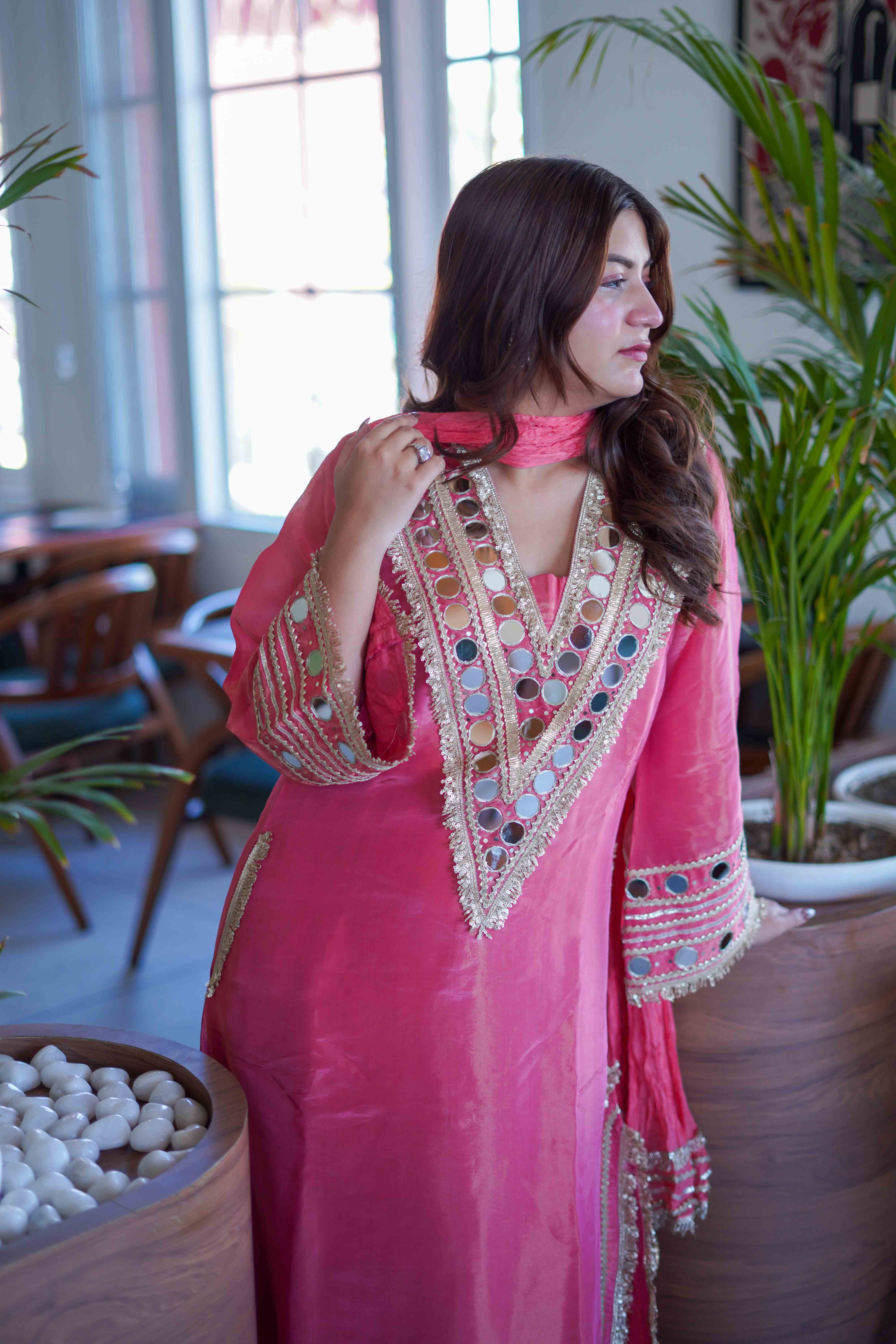 Meher Peach Mirrorwork Kareena Cut Suit Set