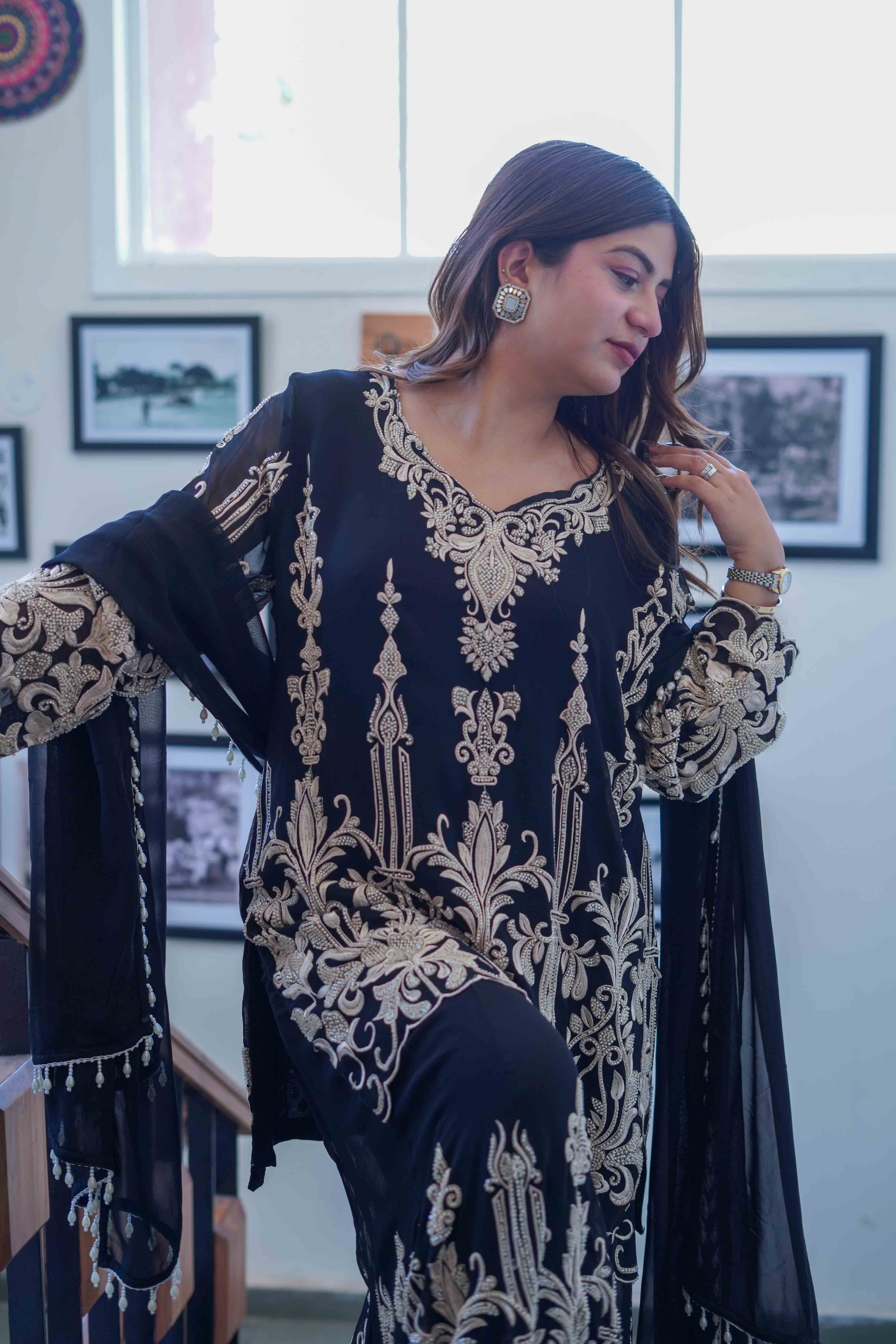 Pearl Grace Hand-Embroidered Sharara Set